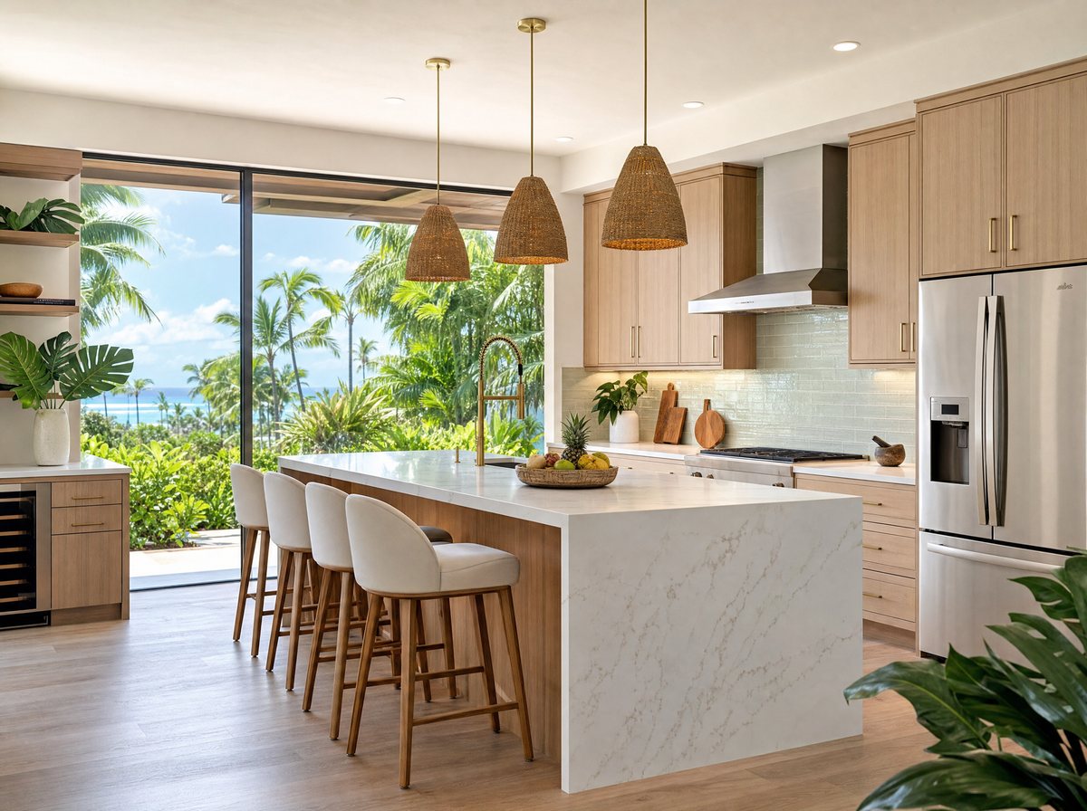 After: finished kitchen with an island, pendant lighting and an ocean view