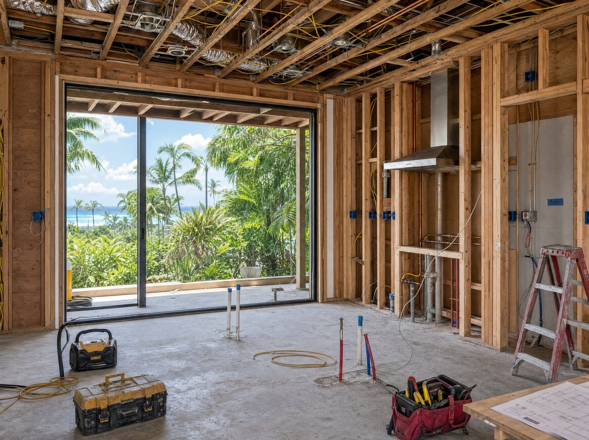 Before: the same kitchen mid-construction, framed out with rough plumbing and ventilation