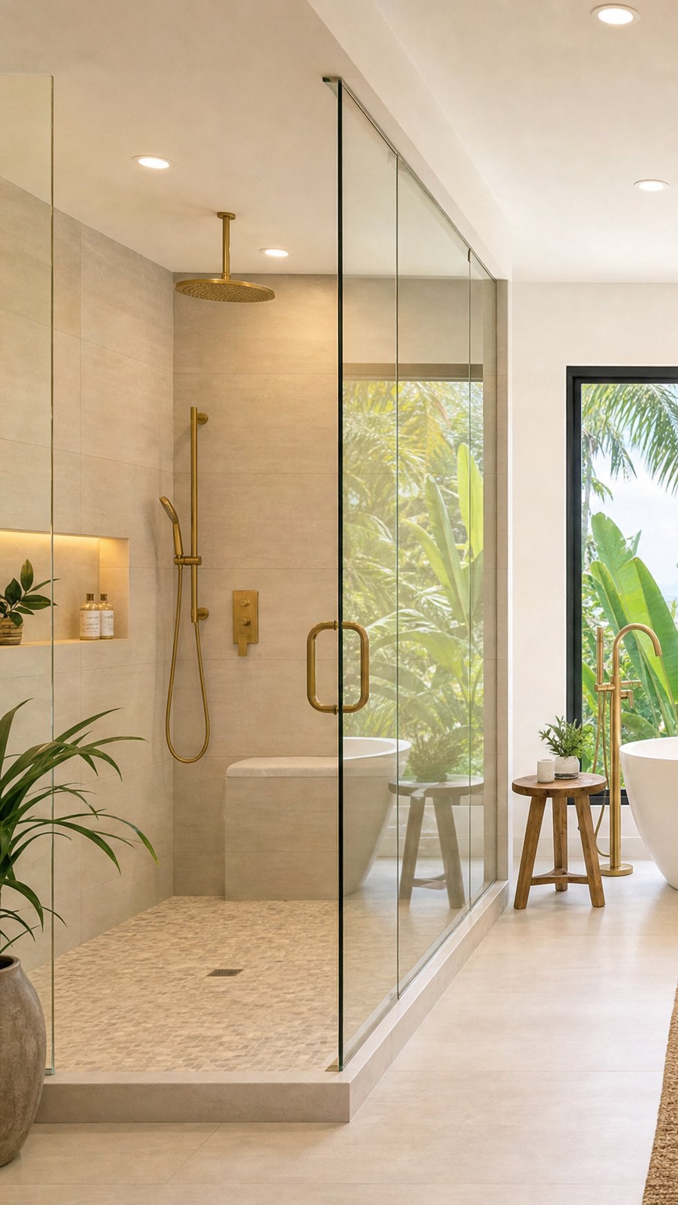 Frameless glass shower with tile walls and a rain shower head in a Hawaii primary bathroom