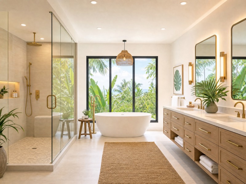 Freestanding tub and walk-in shower in a Hawaii Kai primary bathroom remodel