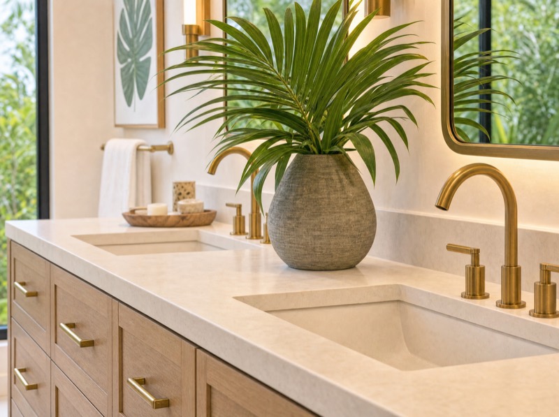 Double vanity with brass fixtures and oak cabinetry in a Kapolei bathroom remodel