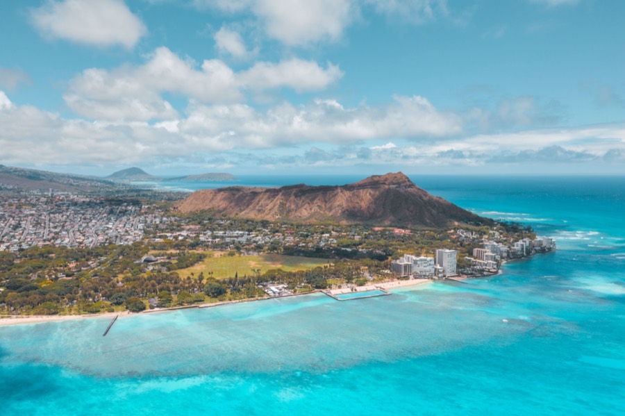 Aerial view of Diamond Head and the Waikiki shoreline on Oahu